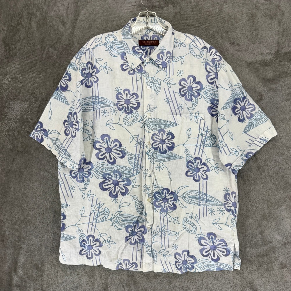 Tori Richard Linen Shirt Mens XL White Blue Floral Button-down EUC